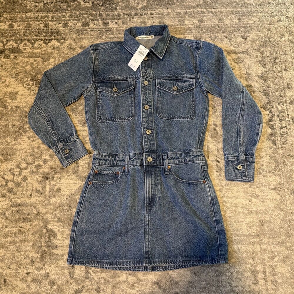 Abercrombie & Fitch Long-Sleeve Denim Shirt Dress Medium Wash XXS